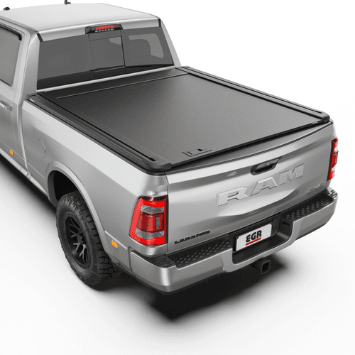 Rear three-quarter view of RAM DJ 2500 fitted with EGR RollTrac Manual aluminium roller tonneau cover