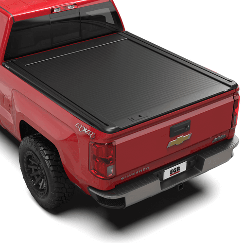 Chevrolet Silverado 2500 with EGR RollTrac Manual tonneau cover closed, showing low-profile aluminium slat design