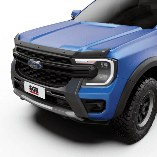 Ford Ranger RA 2022-Onwards fitted with EGR Bonnet Protector in matte black, protecting the bonnet from stone chips, insects and road debris.