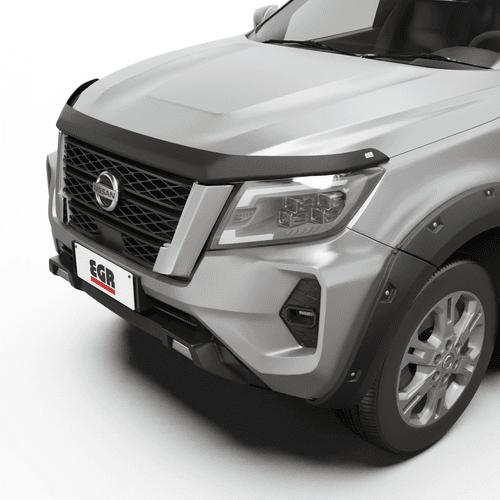 Nissan Navara 2021-Onwards fitted with EGR Bonnet Protector in matte black, protecting bonnet from stone chips and road debris.