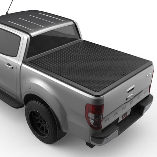 Rear angle view of a Ford Ranger PX fitted with an EGR Load Shield tray cover in matte black
