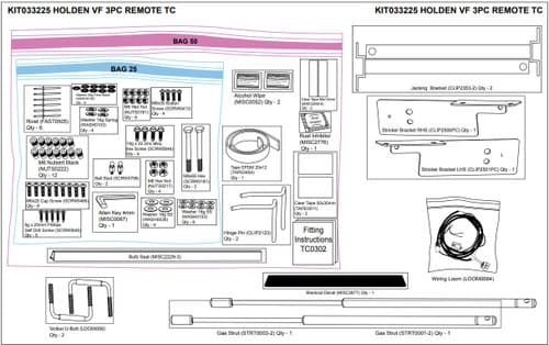 Diagram of the EGR Hardware Fitting Kit for Holden VF Ute 3-Piece Remote Hard Lid showing brackets, bolts, wiring loom, gas struts, and installation components