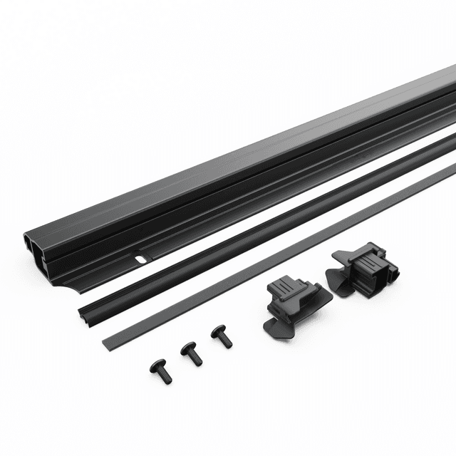 Genuine EGR tailgate rail replacement kit for Mitsubishi Triton MQ and MR RollTrac, showing tailgate rail extrusion, left and right end caps, fasteners, and foam tape for secure fitment