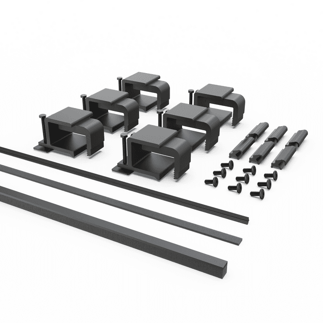 Genuine EGR RollTrac re-fit kit for Mitsubishi Triton MQ and MR 2015-onwards, showing clamps, foam tape, fasteners, and rubber perimeter seal for secure reinstallation
