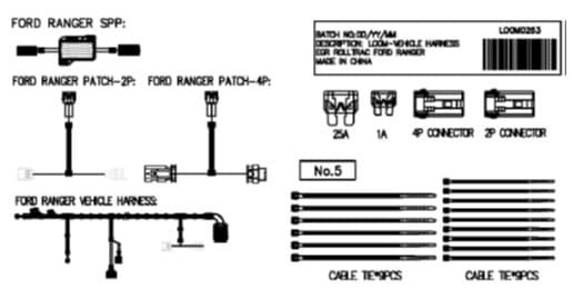 Genuine EGR vehicle loom kit for Ford Ranger PX 2011–2022 RollTrac, showing wiring harness, patch leads, fuses, control connectors, and cable ties for electric installation