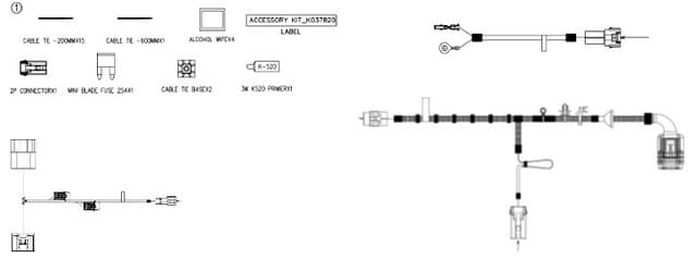 Genuine EGR RollTrac vehicle loom kit for Toyota Hilux A-Deck 2015-onwards, showing wiring harness, connectors, control module, and cable ties for electric RollTrac installation
