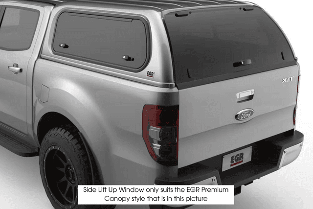 EGR Premium Canopy driver side lift-up window installed on canopy, showing tinted lift-up glass window for easy access and ventilation