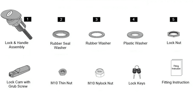 EGR Premium Canopy lift window T-handle lock kit, showing lock and handle assembly, washers, lock nut, cam screw, keys, and fitting components for secure lift-up window locking
