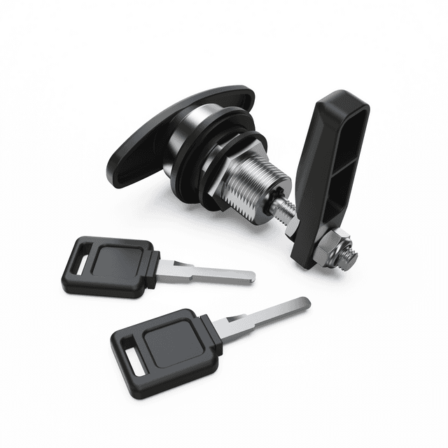EGR Premium Canopy lift window T-handle lock kit, showing lock and handle assembly, washers, lock nut, cam screw, keys, and fitting components for secure lift-up window locking