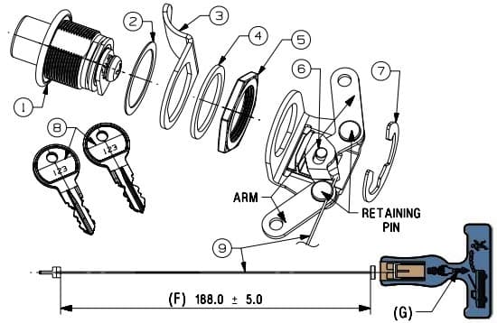EGR replacement centre push button key lock assembly, showing lock barrel components, keys, retaining pin, and installation diagram for canopy and tailgate locking systems