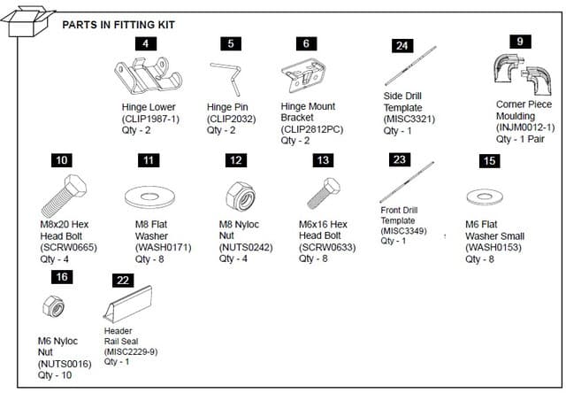 EGR hard lid replacement vehicle hinge kit for Volkswagen Amarok 2010, showing complete hinge components, mounting brackets, bolts, washers, and fitting hardware