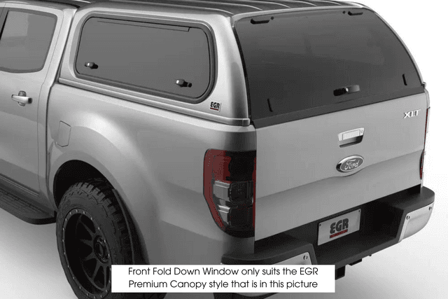 EGR Canopy front drop down window fitted to canopy, showing rear view with drop down glass panel closed