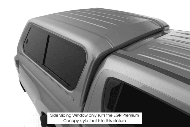 EGR Canopy driver side sliding window fitted to canopy, showing closed sliding glass panel with flush, weatherproof finish
