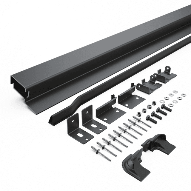 EGR hard lid vehicle header rail hinge kit for Mitsubishi Triton 1P 2015-onwards, showing header bar, hinge brackets, seals, bolts, washers, and fitting hardware for secure canopy alignment