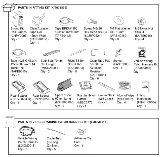 EGR canopy hardware fitting kit for Mitsubishi Triton MN 2010–2014, showing rail clamps, seals, bolts, washers, rivets, wiring patch harness, and installation components for secure canopy fitment