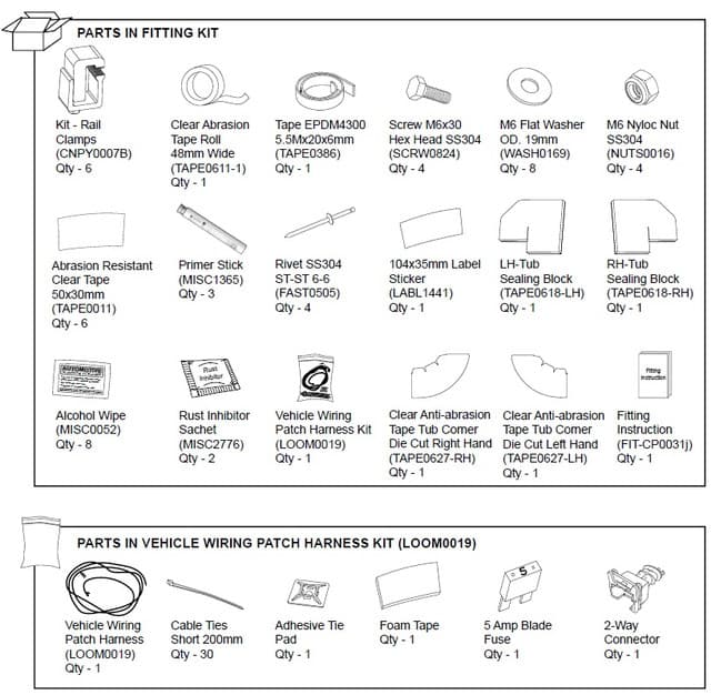 EGR premium canopy hardware fitting kit for VW Amarok 2010–2016, showing brackets, clamps, bolts, washers, seals, wiring patch harness, and installation components