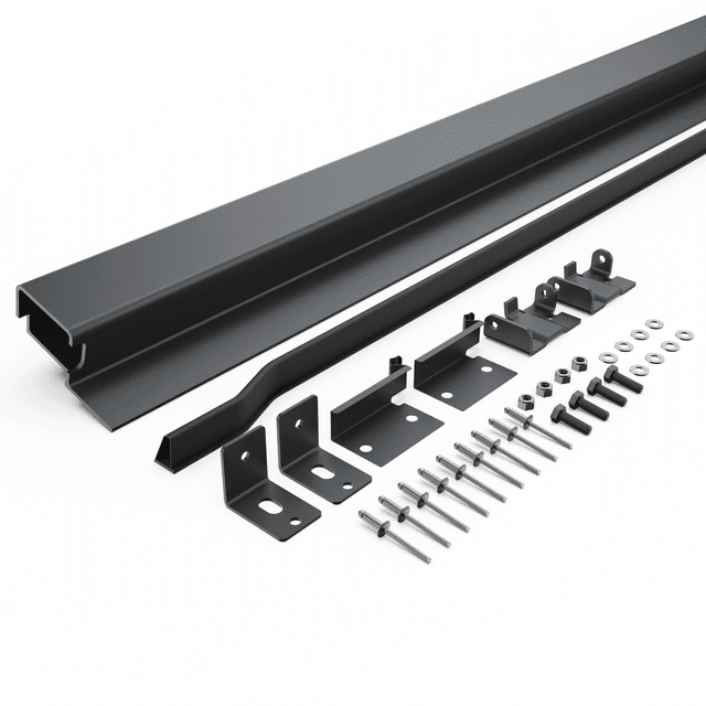 EGR header rail hinge kit parts layout for Mitsubishi Triton MQ/MR 3P 2015, showing header bar, hinge brackets, pop rivets, bolts, washers, and mounting hardware