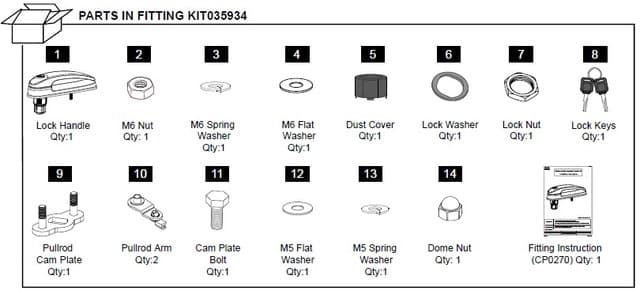 EGR Premium Canopy remote rear door handle kit showing lock handle, washers, springs, lock nut, keys, and mounting hardware for secure rear door operation