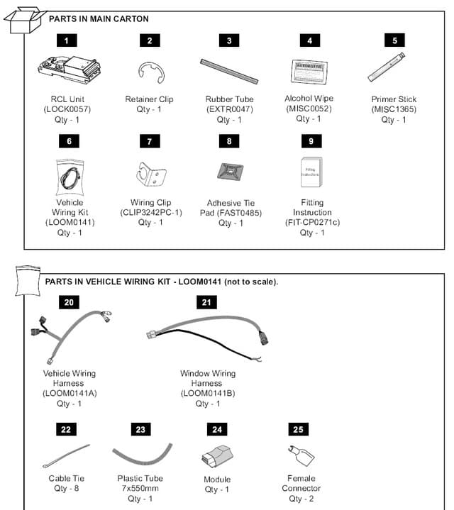 EGR rear door remote central locking kit components for Mazda BT-50 canopy, including wiring harness, control module, connectors, adhesive pads, and installation hardware