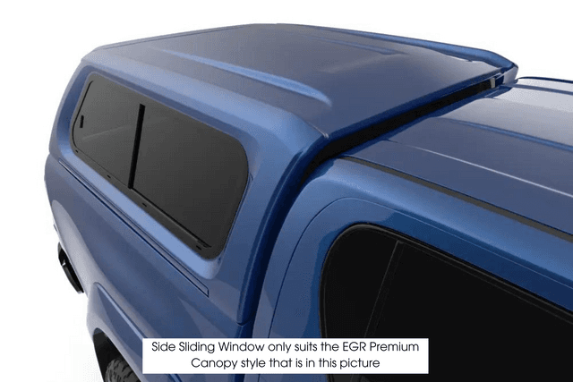 EGR Premium Canopy passenger side sliding window installed on ute, showing tinted glass and smooth sliding operation