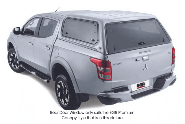 EGR Premium Canopy rear door with centre handle fitted to Mitsubishi Triton MQ/MR 2015, showing tinted rear window and secure canopy fit