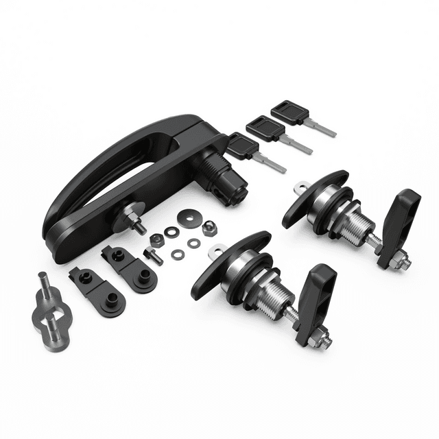 Remote locking full lock kit for EGR Premium canopy showing T-handle locks, rear door handle, keys, washers, and fitting components