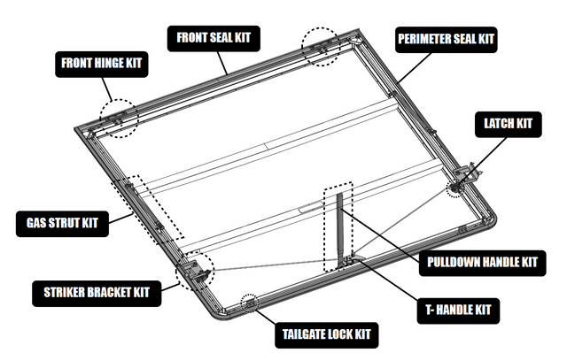 Replacement T-handle cover kit for EGR Load Shield, displaying handle cover parts and full load shield latch and seal layout