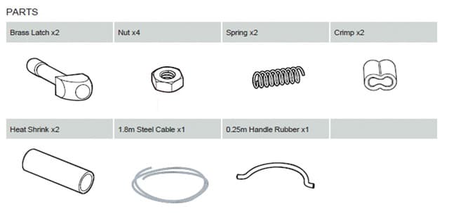 EGR soft tonneau replacement brass latch kit showing two brass latches, springs, nuts, cable, heat shrink and installation components