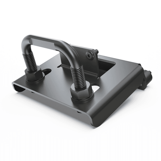 EGR load shield striker bracket assembly for Toyota Hilux A-Deck 2005–2014, showing twin striker posts, mounting plate, rivets, M10 nuts and flat washers for secure latch alignment