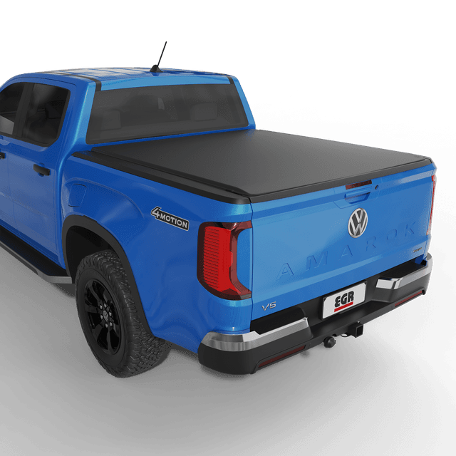 Volkswagen Amarok NF 2023 Double Cab Life fitted with EGR soft tonneau cover on open deck, showing rear and tailgate view with cover installed