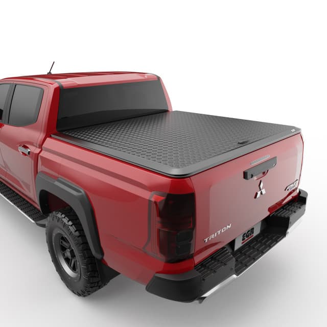 EGR Load Shield installed on Mitsubishi Triton MV, featuring aluminium checkerplate tub cover with matte black finish and secure T-handle locking system
