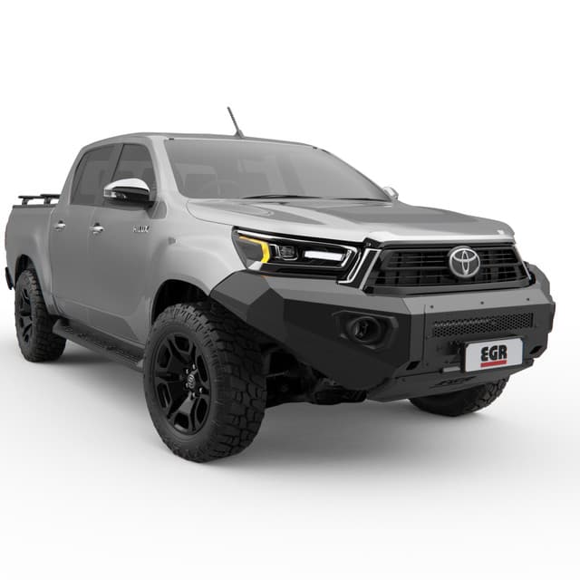EGR CrossTrac steel bullbar fitted to Toyota Hilux 2020–2024, showing rugged front-end protection, integrated driving lights, and matte black powdercoated finish