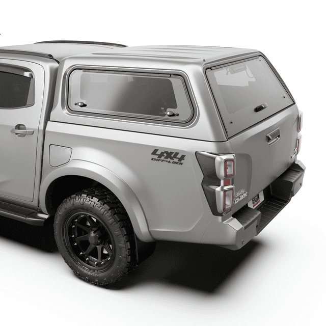 Close-up view of EGR Core Canopy on Isuzu D-Max showing smooth finish, tinted glass, and premium build quality