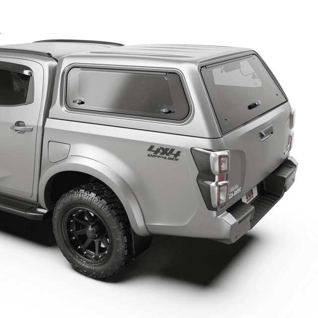 Close rear view of Mazda BT-50 Core Canopy showing fold-down front window and robust canopy design