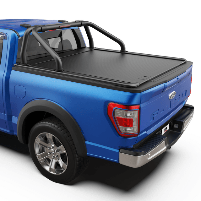 Rear three-quarter view of Ford F150 2018-Onwards fitted with EGR RollTrac Sports Bar and RollTrac cover