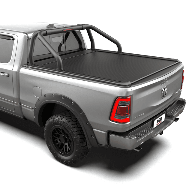 EGR RollTrac sports bar fitted to RAM 1500 with aluminium tubing, black powder-coat finish, and integrated mounting system on RollTrac bed cover