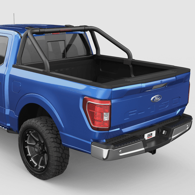 Rear three-quarter view of Ford F-150 fitted with EGR Sports Bar, showing matte black steel tubing and direct-to-tub mounting