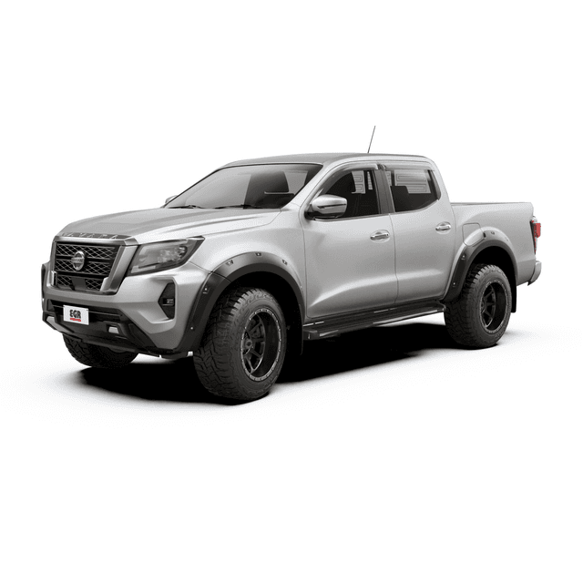 Nissan Navara 2021-onwards fitted with EGR Slimline Weather Shields, shown from front angle highlighting low-profile window visors