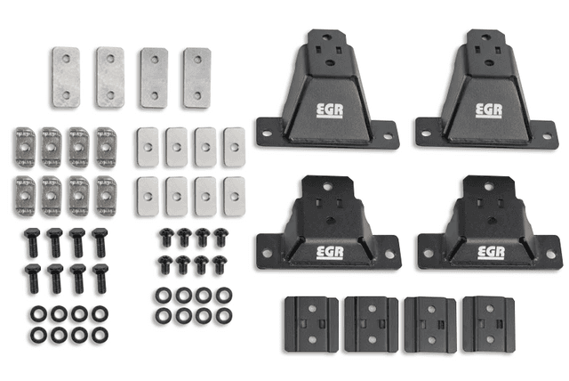 EGR GEN3 Canopy Leg Kit ST showing mounting legs, brackets, adapter plates, bolts, and hardware for supporting crossbars on an EGR GEN3 canopy