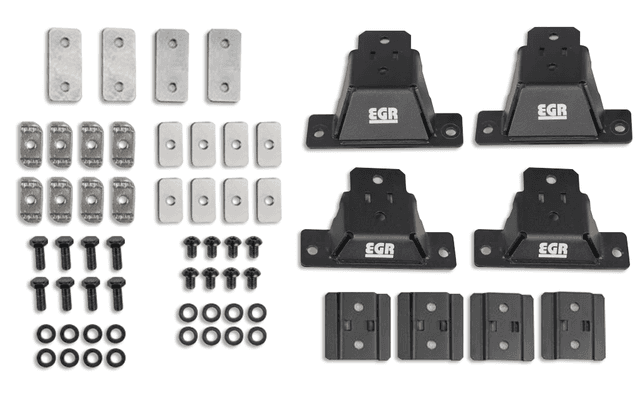 EGR GEN3 Canopy Leg Kit SM components laid out, including mounting legs, adapter plates, bolts, washers, and hardware for crossbar installation on GEN3 canopy