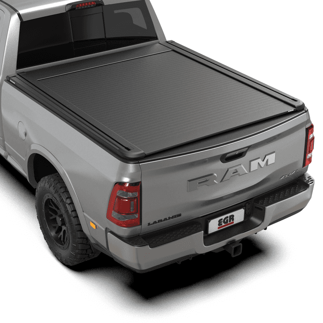 RAM DJ 3500 fitted with EGR RollTrac Electric E3 aluminium tonneau cover, shown closed in matte black finish