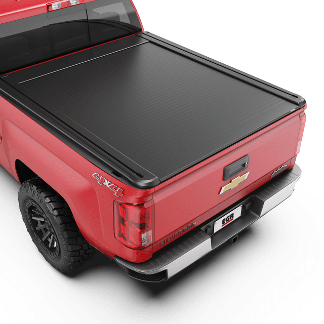 Chevrolet Silverado 2500 fitted with EGR RollTrac Electric E3 tonneau cover, closed position showing low-profile aluminium slat design