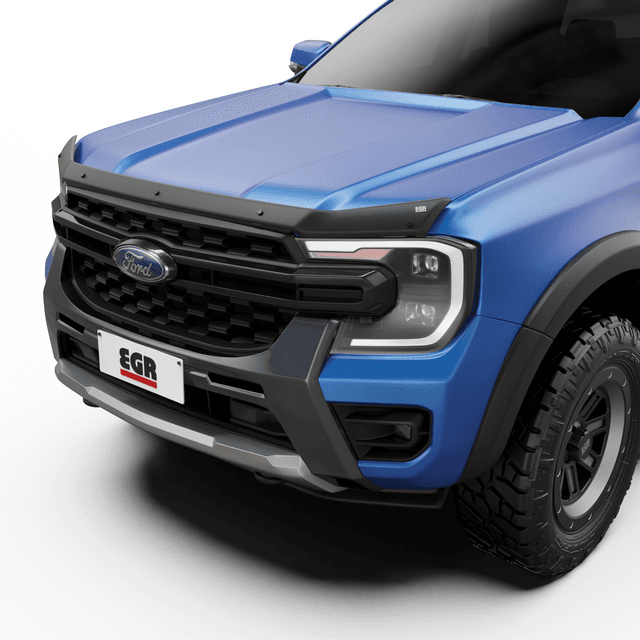 Ford Ranger RA 2022-Onwards fitted with EGR Bonnet Protector in matte black, protecting the bonnet from stone chips, insects and road debris.