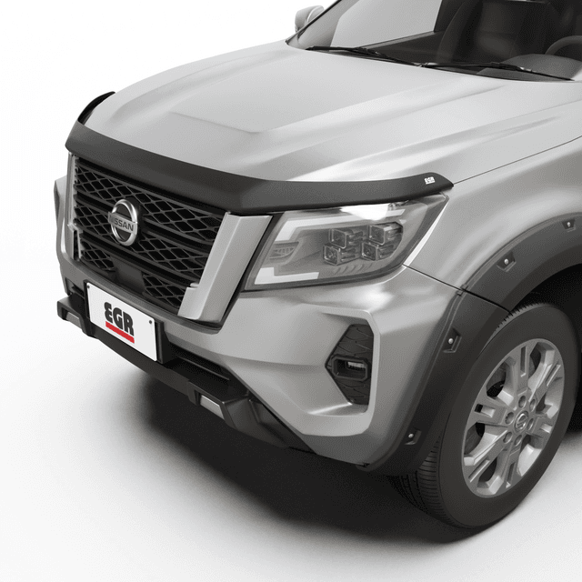 Nissan Navara 2021-Onwards fitted with EGR Bonnet Protector in matte black, protecting bonnet from stone chips and road debris.