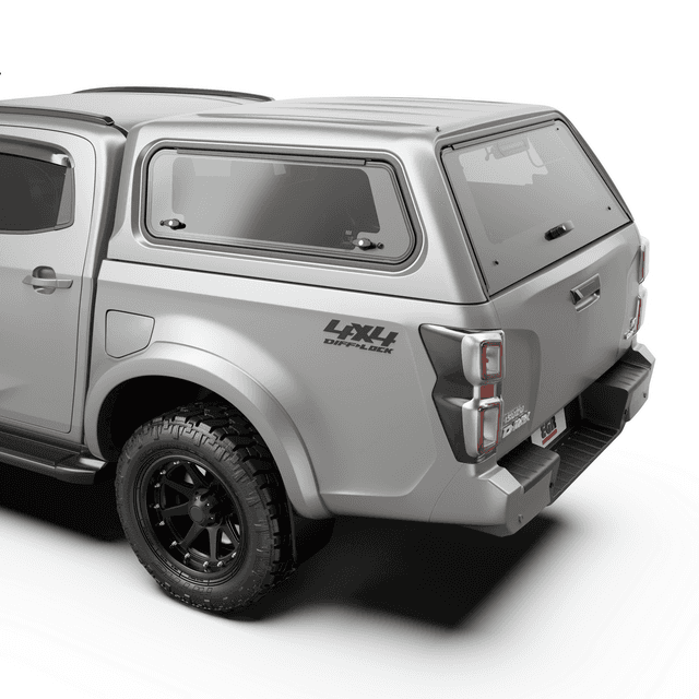 Close-up view of EGR Core Canopy on Isuzu D-Max showing smooth finish, tinted glass, and premium build quality