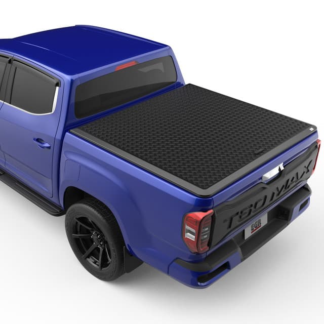 Rear angle view of LDV T60 fitted with EGR Load Shield showing the heavy-duty aluminium checkerplate top and matte black finish