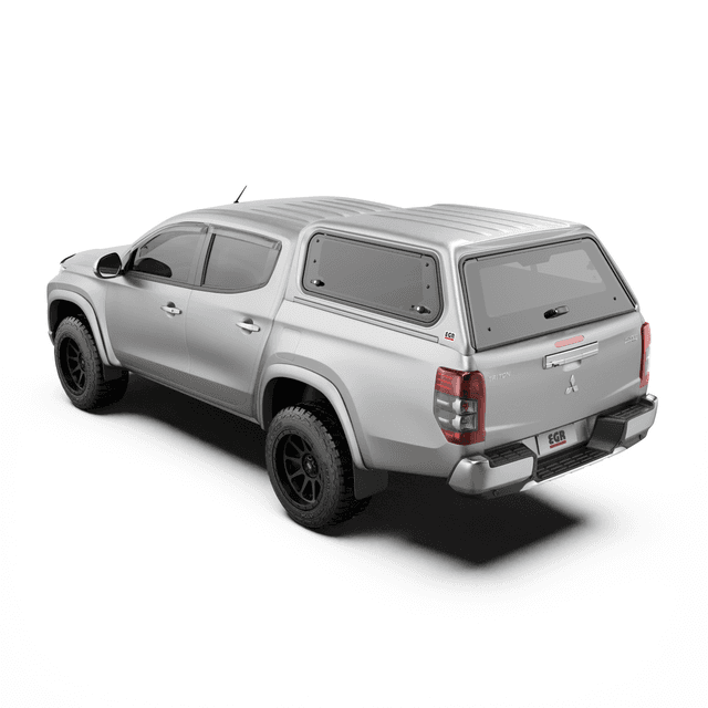 Mitsubishi Triton MQ/MR with EGR Premium Canopy in silver, rear three-quarter angle showing frameless rear window and secure design