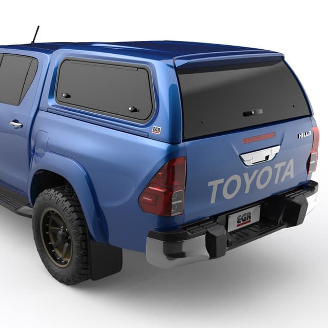 Rear side view of blue Toyota Hilux fitted with EGR Premium Canopy