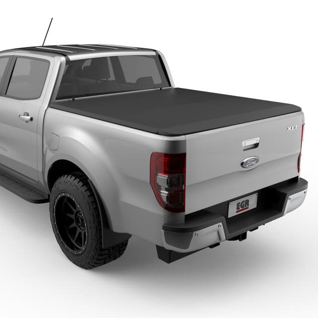Ford Ranger PX fitted with EGR Soft Tonneau Cover Cabin Guard, rear three-quarter view showing low-profile secure tub protection