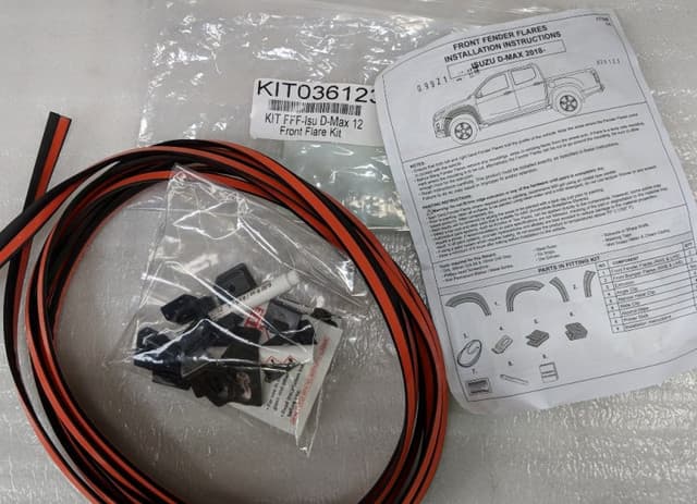 EGR Fender Flares Fitting Kit for Isuzu D-Max, showing brackets, seals, and mounting hardware for secure flare installation